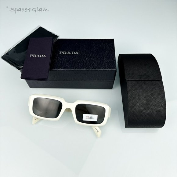 Prada PR27ZS 17K08Z Sunglasses Talc White Dark Grey Unisex Rectangle PR 27ZS - Picture 3 of 9
